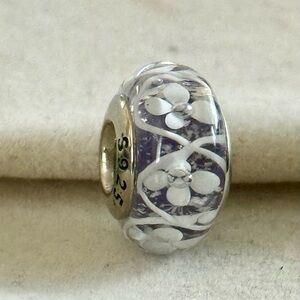 Sparkling Purple and white flowers Murano Glass Charm fit Pandora bracelets
